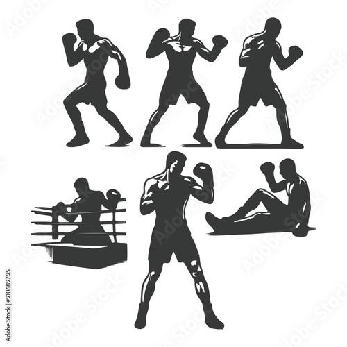 Man doing boxing moves exercise. Jab Cross Hook and Uppercut movement. Shadow boxing. Flat vector illustration isolated on white background, Boxing Silhouettes 