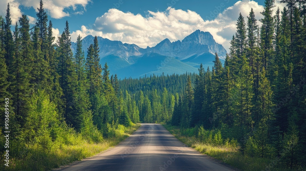 Winding Road Through a Forest with Mountain Peaks in the Distance Winding Road Through a Forest with Mountain Peaks in the Distance