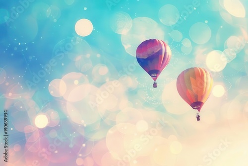 Hot air balloons floating close up, focus on, copy space with soft watercolor tones Double exposure silhouette with blue sky
