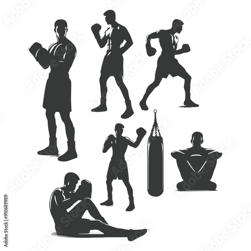 Man doing boxing moves exercise. Jab Cross Hook and Uppercut movement. Shadow boxing. Flat vector illustration isolated on white background, Boxing Silhouettes 