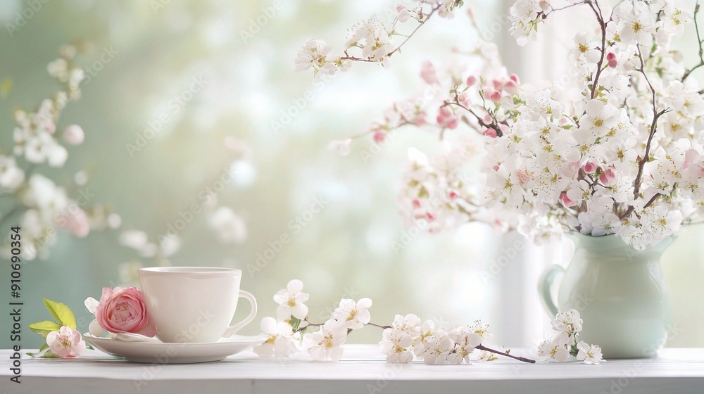 Springtime Serenity: A delicate teacup rests beside blossoming cherry blossoms, painting a tranquil scene of renewal and beauty. Springtime Serenity: A delicate teacup rests beside blossoming cherry blossoms, painting a tranquil scene of renewal and beauty.