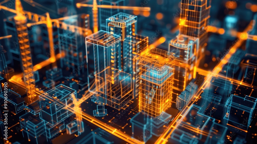 A Wireframe Model of a Futuristic Cityscape with Glowing Lines A Wireframe Model of a Futuristic Cityscape with Glowing Lines