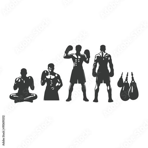 Man doing boxing moves exercise. Jab Cross Hook and Uppercut movement. Shadow boxing. Flat vector illustration isolated on white background, Boxing Silhouettes 