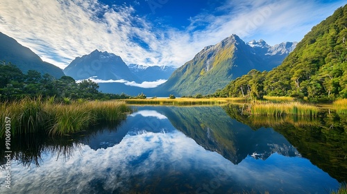 Mirror Lakes in Fiordland National Park on New Zealands south island Picture was taken in February 2020 : Generative AI