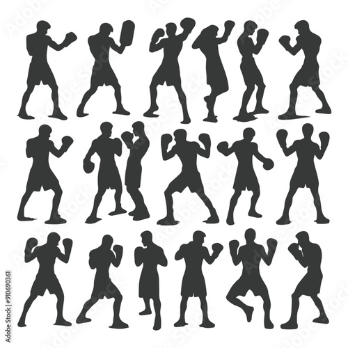 Man doing boxing moves exercise. Jab Cross Hook and Uppercut movement. Shadow boxing. Flat vector illustration isolated on white background, Boxing Silhouettes 