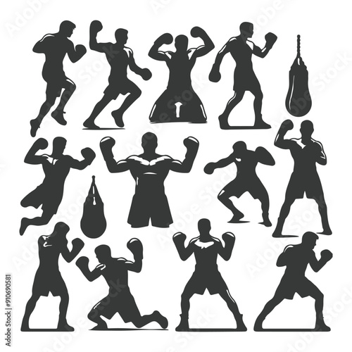 Man doing boxing moves exercise. Jab Cross Hook and Uppercut movement. Shadow boxing. Flat vector illustration isolated on white background, Boxing Silhouettes 