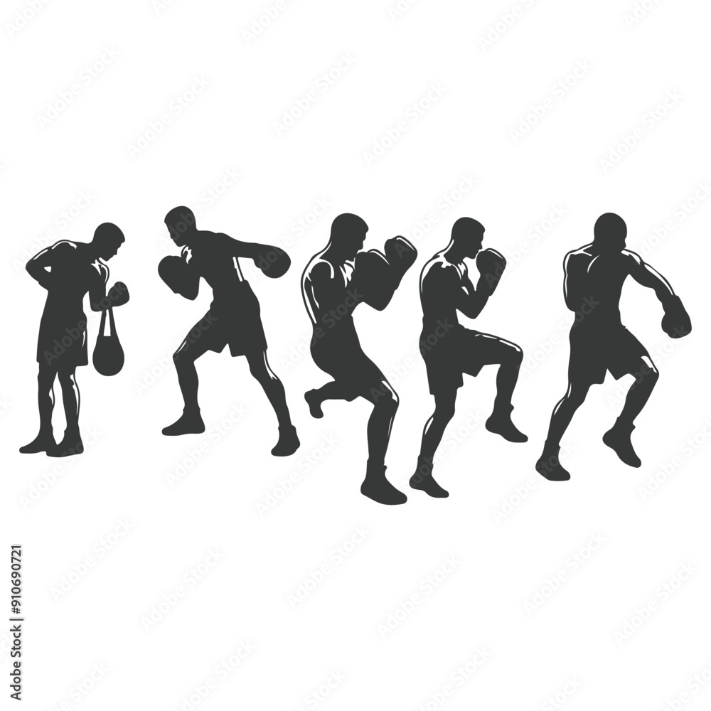 Man doing boxing moves exercise. Jab Cross Hook and Uppercut movement. Shadow boxing. Flat vector illustration isolated on white background, Boxing Silhouettes Man doing boxing moves exercise. Jab Cross Hook and Uppercut movement. Shadow boxing. Flat vector illustration isolated on white background, Boxing Silhouettes