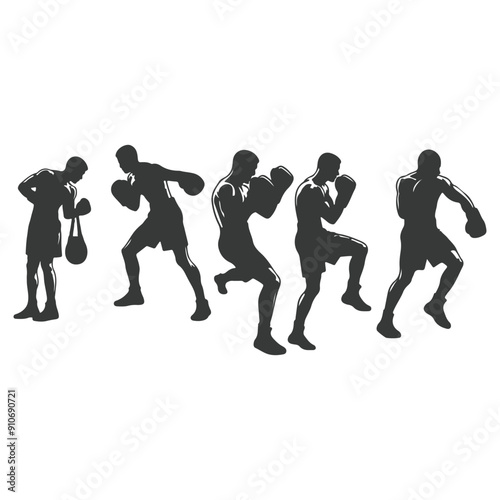 Man doing boxing moves exercise. Jab Cross Hook and Uppercut movement. Shadow boxing. Flat vector illustration isolated on white background, Boxing Silhouettes 