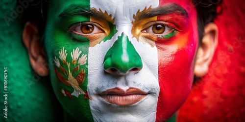 Vibrant portrait of a person with the Mexican flag painted on their face, proudly showcasing their cultural heritage with colorful and festive spirit. photo