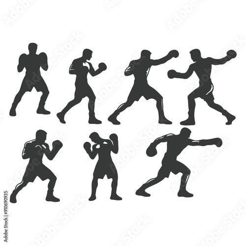 Man doing boxing moves exercise. Jab Cross Hook and Uppercut movement. Shadow boxing. Flat vector illustration isolated on white background, Boxing Silhouettes 
