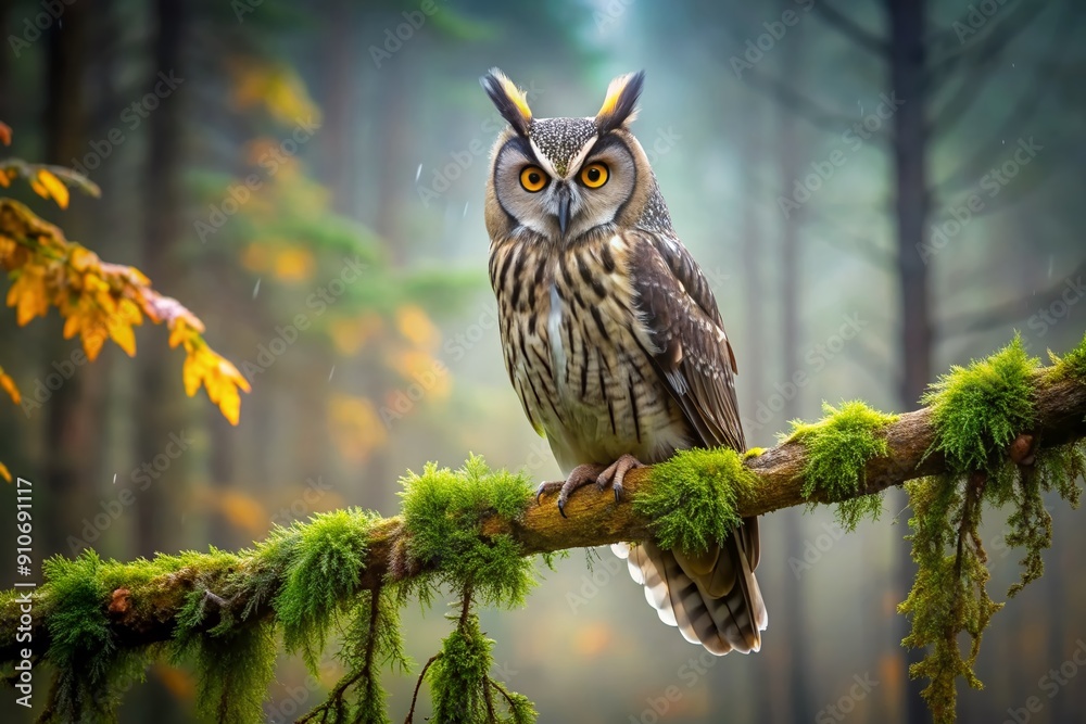 Obraz premium A serene and majestic long-eared owl perches on a moss-covered tree branch, its piercing yellow eyes and wispy feathers set against a misty forest backdrop.