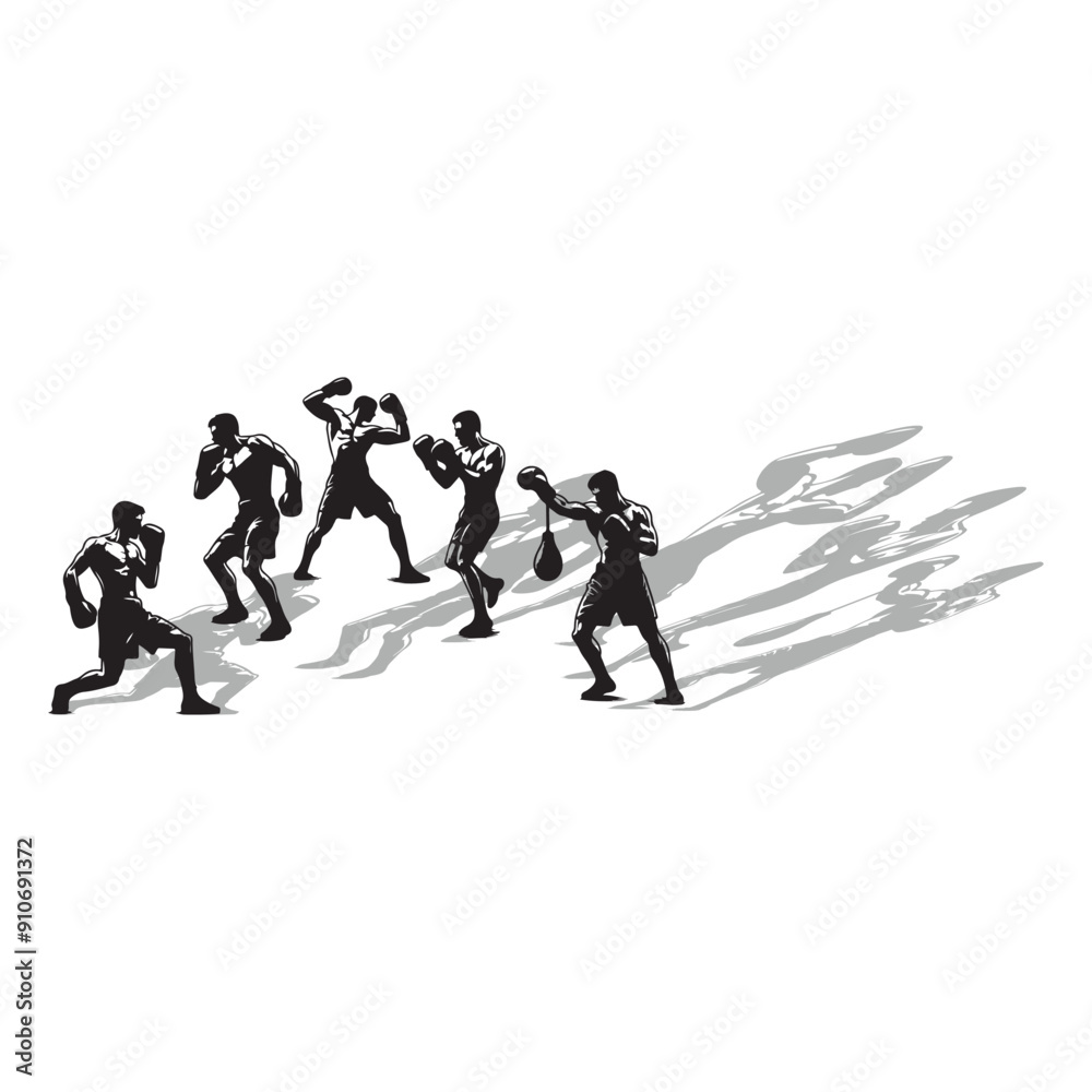 Man doing boxing moves exercise. Jab Cross Hook and Uppercut movement. Shadow boxing. Flat vector illustration isolated on white background, Boxing Silhouettes Man doing boxing moves exercise. Jab Cross Hook and Uppercut movement. Shadow boxing. Flat vector illustration isolated on white background, Boxing Silhouettes