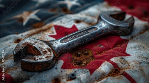 Canadian Labor Day Celebration: Hand Tools and Flag Closeup for Festive Preparations and Congratulating Family, Friends, and Colleagues