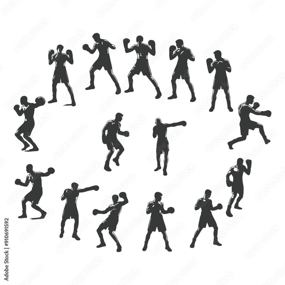 Man doing boxing moves exercise. Jab Cross Hook and Uppercut movement. Shadow boxing. Flat vector illustration isolated on white background, Boxing Silhouettes Man doing boxing moves exercise. Jab Cross Hook and Uppercut movement. Shadow boxing. Flat vector illustration isolated on white background, Boxing Silhouettes