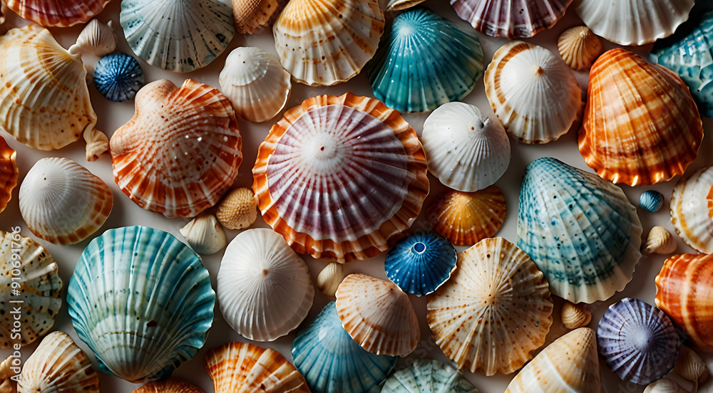 A Cluster of Colorful Sea Shells Arranged in a Decorative Pattern on a White Background, Ideal for Crafting and Design Inspiration
