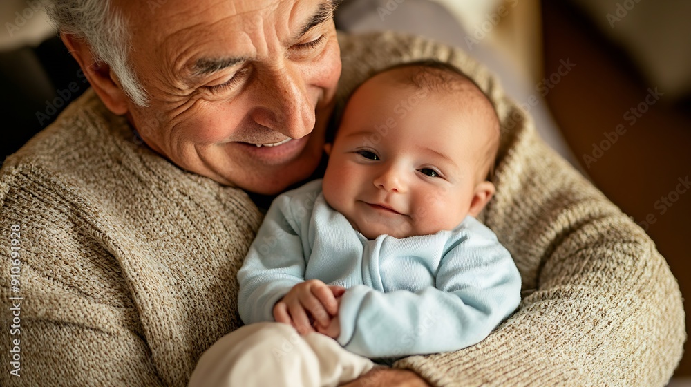 Grandfather holding his newborn grandchild both smiling and sharing a special bond The baby is dressed in a light blue onesie while the grandfather wears a light sweater : Generative AI Grandfather holding his newborn grandchild both smiling and sharing a special bond The baby is dressed in a light blue onesie while the grandfather wears a light sweater : Generative AI