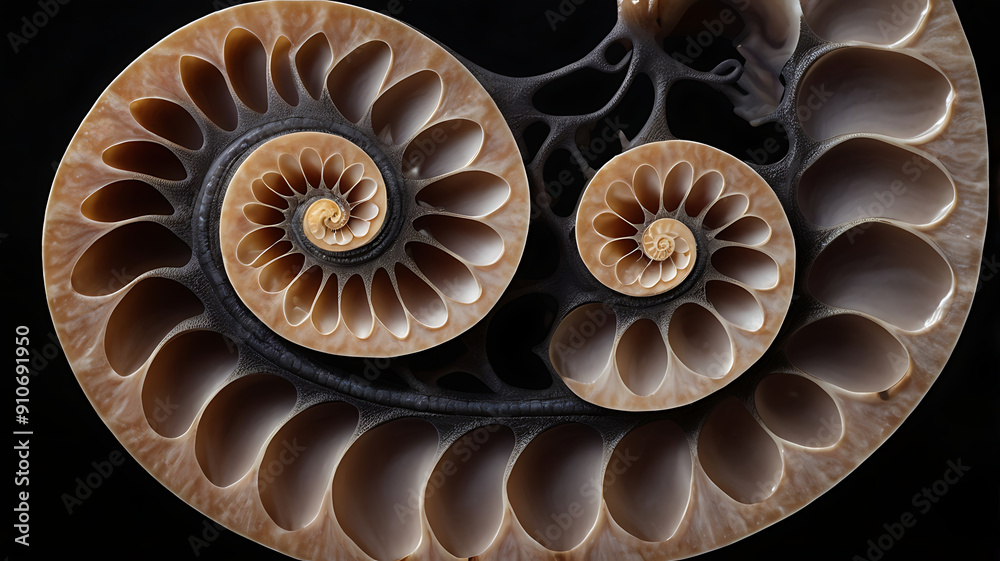 A Close-Up of an Intricately Detailed Nautilus Shell Against a Dark Background, Highlighting Its Spiral Patterns and Glossy Finish A Close-Up of an Intricately Detailed Nautilus Shell Against a Dark Background, Highlighting Its Spiral Patterns and Glossy Finish
