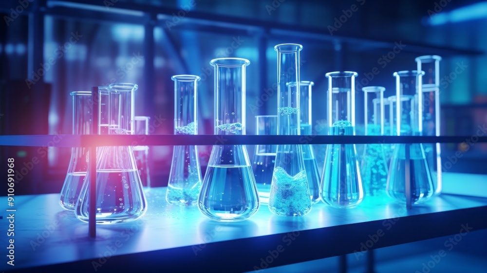 Science laboratory test tubes and lab equipment for innovative medical research, featuring a clean and organized workspace with various glassware and scientific instruments, ideal for depicting cuttin Science laboratory test tubes and lab equipment for innovative medical research, featuring a clean and organized workspace with various glassware and scientific instruments, ideal for depicting cuttin