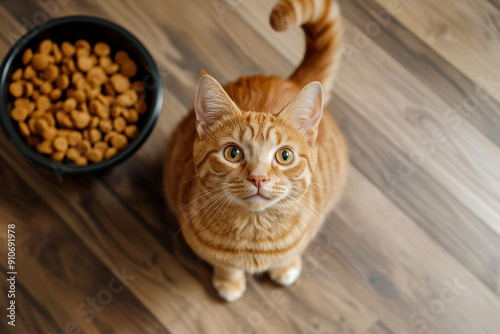 Orange cat sitting near dry food from a bowl, top view. Pet love and care concept photo