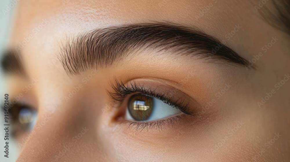 Fototapeta premium Girl eyebrows post-plucking and trimming, awaiting permanent makeup. Clear background, ideal for beauty ads. Space for text.