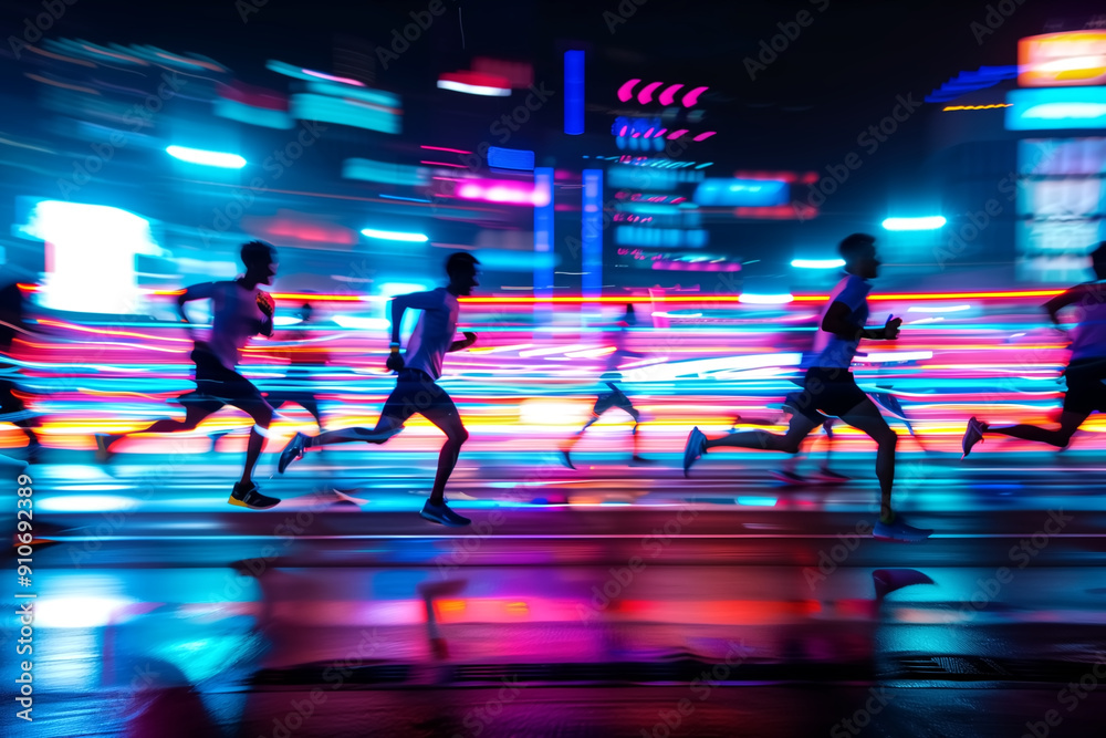 © nextzimost - Dynamic Nighttime City Marathon with Runners and Vibrant Neon Lights in Motion Blur
