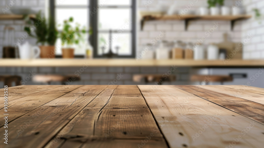 Wooden table on blurred kitchen Wooden table on blurred kitchen