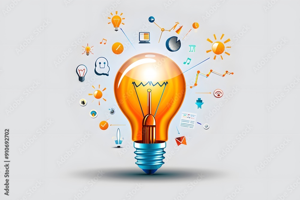 Beaming light bulb character surrounded by idea spark symbols. minimalist Beaming light bulb character surrounded by idea spark symbols. minimalist