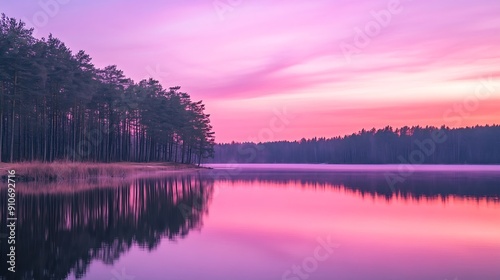 Calm lake water reflections forest trees panoramic sunrise sky Beautiful silence morning dawn in early spring late winter Soft bright pink purple colored sky panorama Beautiful nature  : Generative AI