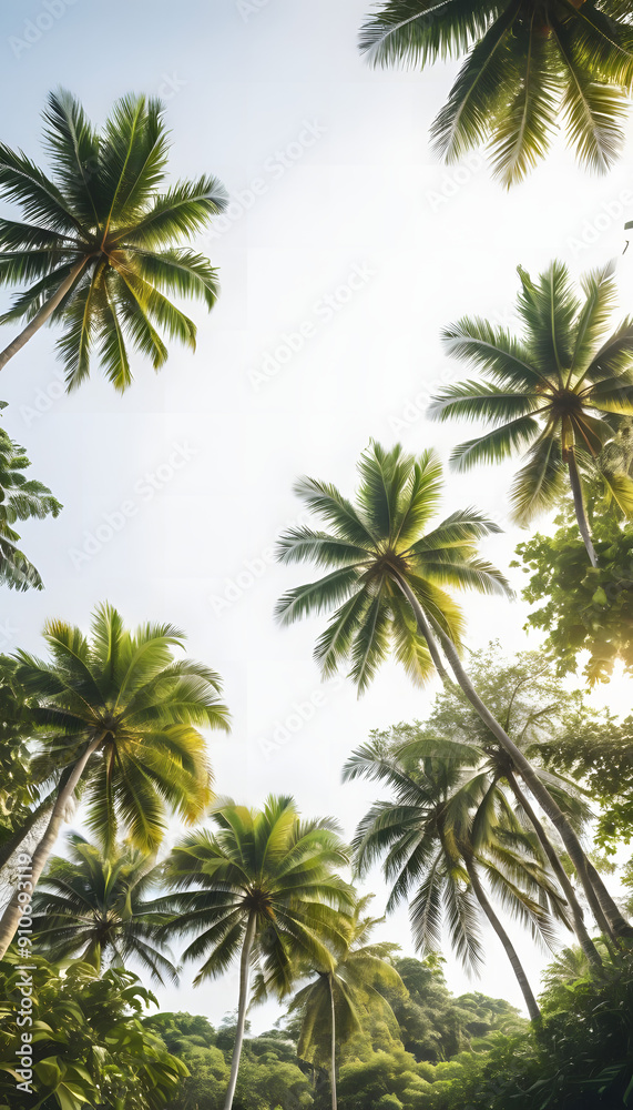 A sunny day with tall palm trees and a coconut tree on a tropical beach A sunny day with tall palm trees and a coconut tree on a tropical beach