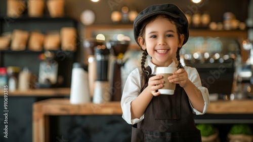 Young Barista with a Smile: Child in Barista Uniform Holding Coffee Cup in Cafe Setting