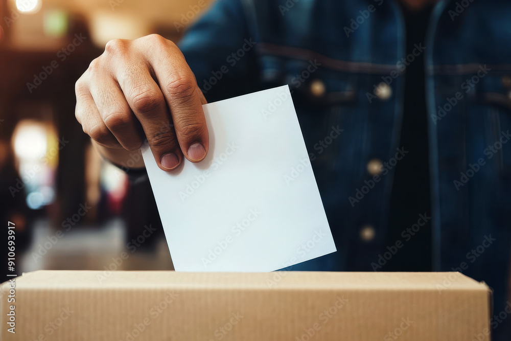 Hand inserting an envelope in a white blank ballot box . Hand inserting an envelope in a white blank ballot box .