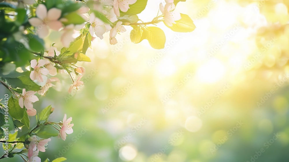 Spring's Gentle Embrace: Apple blossoms glow in the warm sunlight, a serene natural background with delicate pink flowers and lush greenery. Spring's Gentle Embrace: Apple blossoms glow in the warm sunlight, a serene natural background with delicate pink flowers and lush greenery.