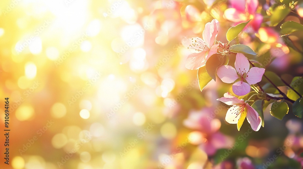 Spring background with softly blurred flowers and sunlight filtering through trees, evoking a tranquil Spring background with softly blurred flowers and sunlight filtering through trees, evoking a tranquil