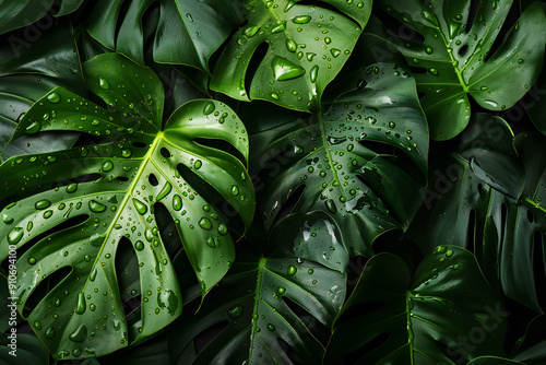 Fresh Wet Monstera Leaves with Water Droplets Creating a Lush Green Tropical Background