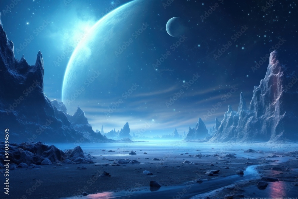 Fototapeta premium Moon surface with distant Earth and starfield moon landscape astronomy.