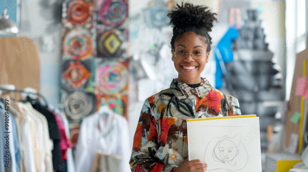 Creative Youth in Designer Attire Holding Sketchbook with Design Studio Background Creative Youth in Designer Attire Holding Sketchbook with Design Studio Background