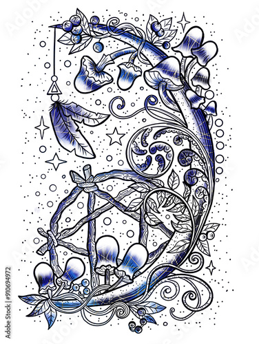 Styled vintage illustration with mystic mushrooms, magic and floral decorative elements, witchcraft symbols isolated on white. Esoteric and witchy concept, tattoo art