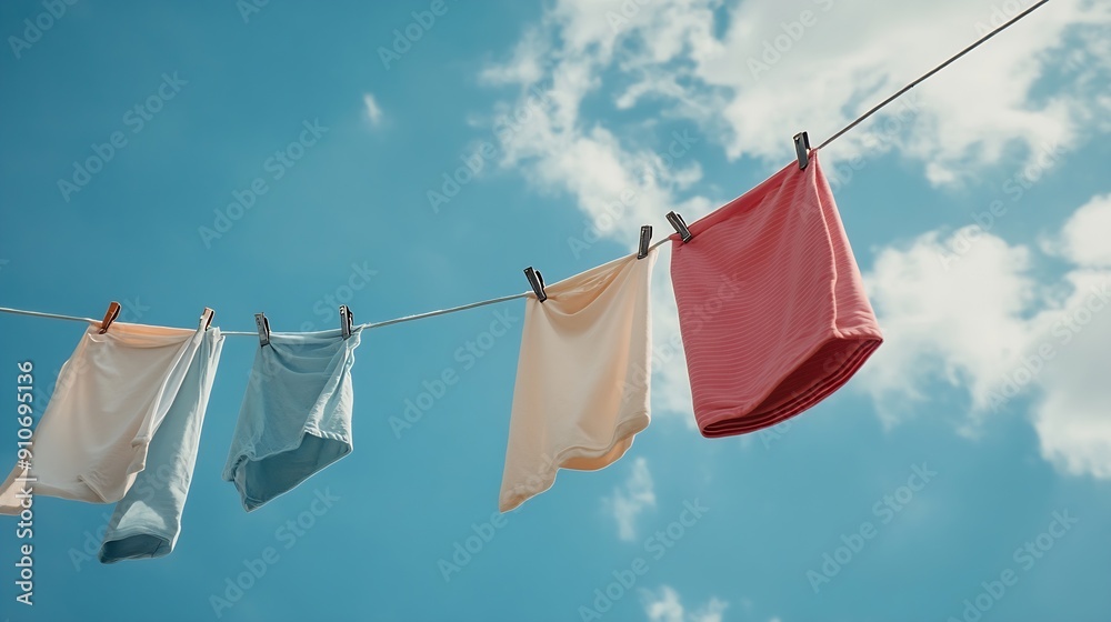 Clean clothes hanging on washing line against sky Drying laundry : Generative AI Clean clothes hanging on washing line against sky Drying laundry : Generative AI