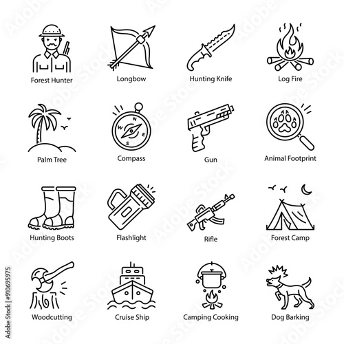 Collection of 16 Hunting Tools Linear Icons 

