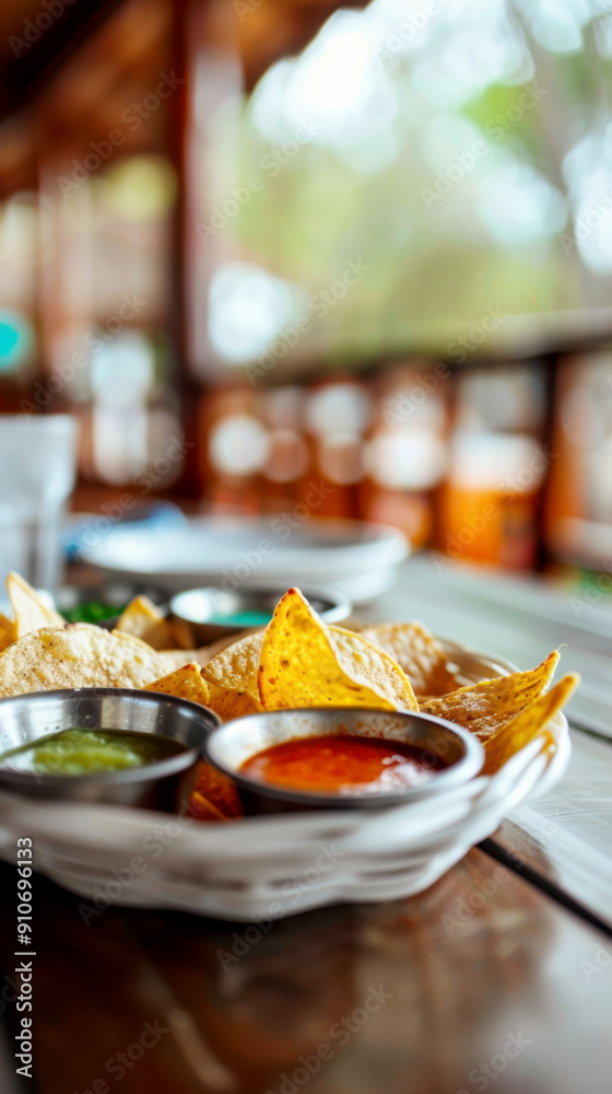 golden nachos served with a variety of sauces. AI generative. golden nachos served with a variety of sauces. AI generative.
