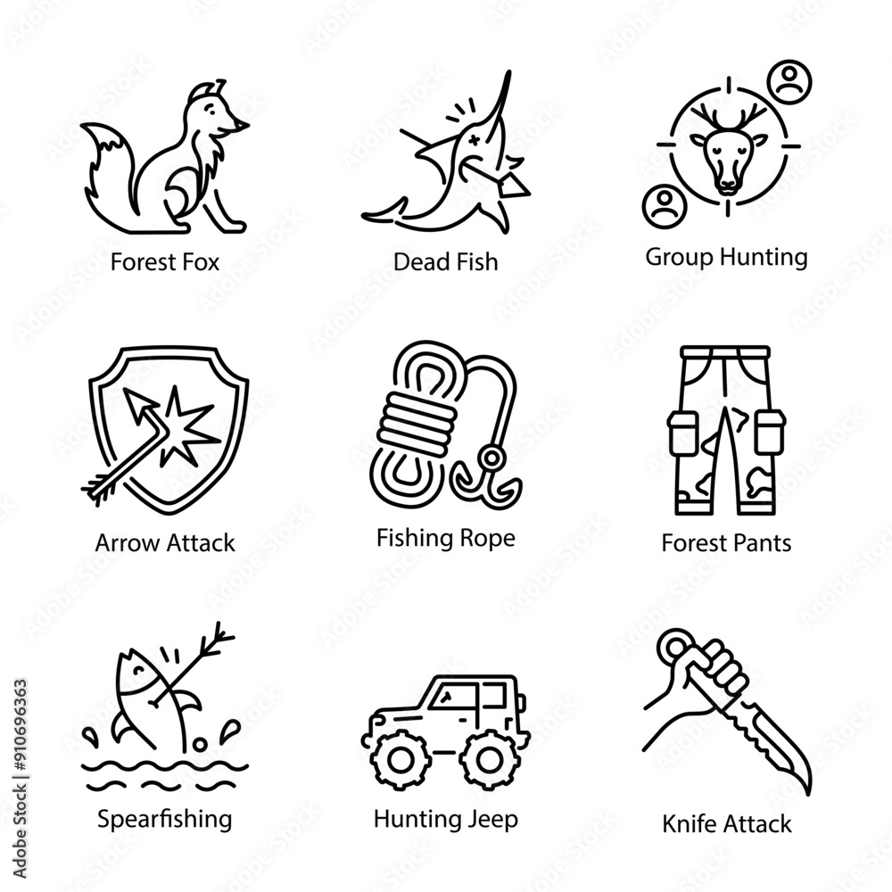 Obraz premium Bundle of Forest Hunting Line Style Icons