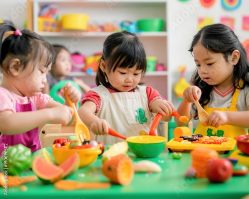 Children playing with pretend food and utensils. AI.