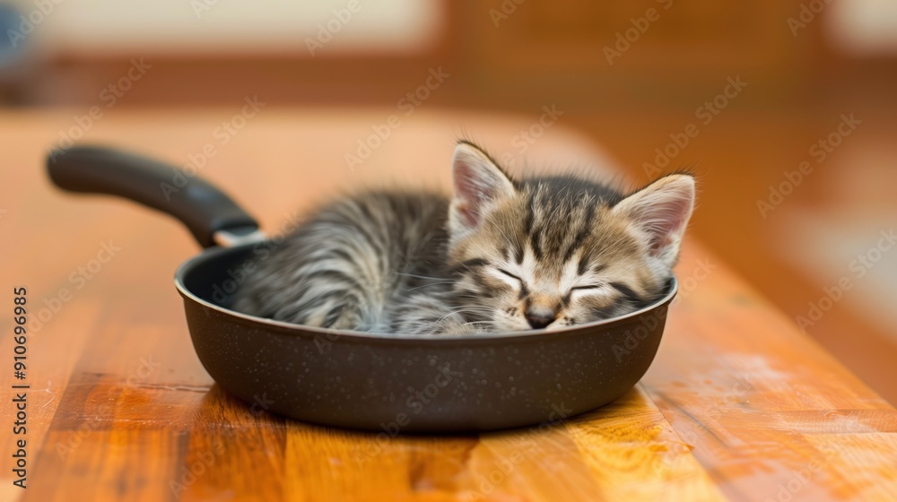 Fototapeta premium Adorable Kitten Sleeping in a Frying Pan