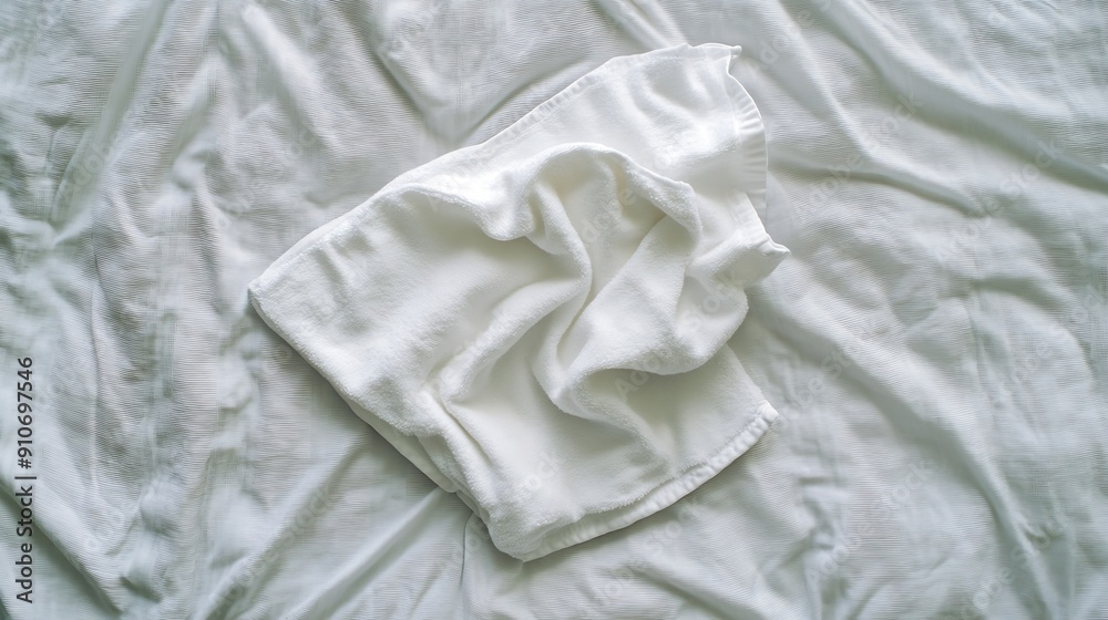 Clean white towel on hotel apartment bed top view : Generative AI