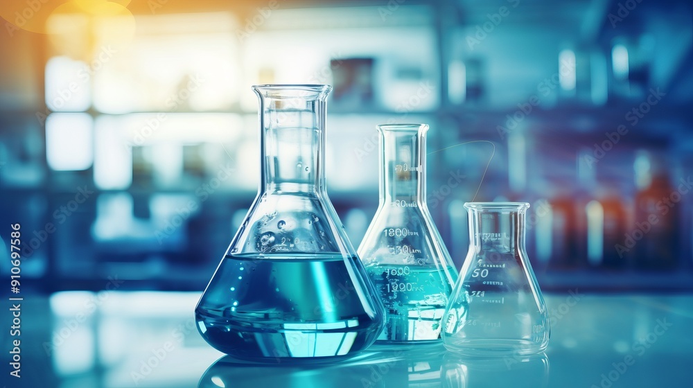 Laboratory beaker and flask filled with water on a blue background, representing scientific research, chemical analysis, and experimentation in a professional chemistry lab setting.
Laboratory beaker and flask filled with water on a blue background, representing scientific research, chemical analysis, and experimentation in a professional chemistry lab setting.