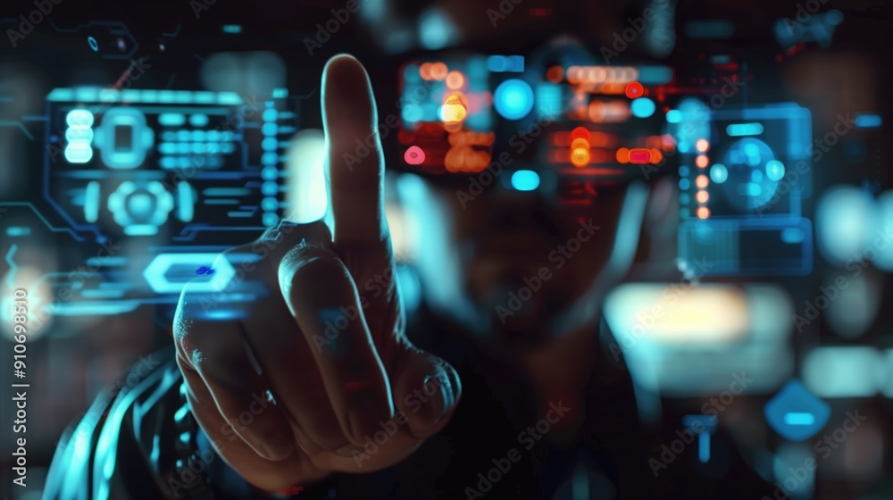 Fototapeta premium Progress bar loading. Man with futuristic tablet in hand. Guy using VR glasses. Augmented reality, future technology concept. Futuristic holographic loading interface.