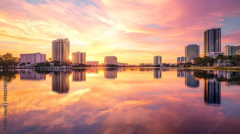 Fototapeta premium Sunset reflecting off of Mirror Lake in downtown St Petersburg Florida : Generative AI