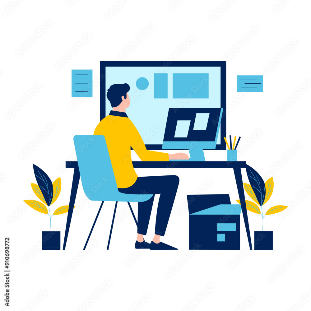 Flat Design Illustration of Man Entrepreneur Working with Computer at Office Flat Design Illustration of Man Entrepreneur Working with Computer at Office