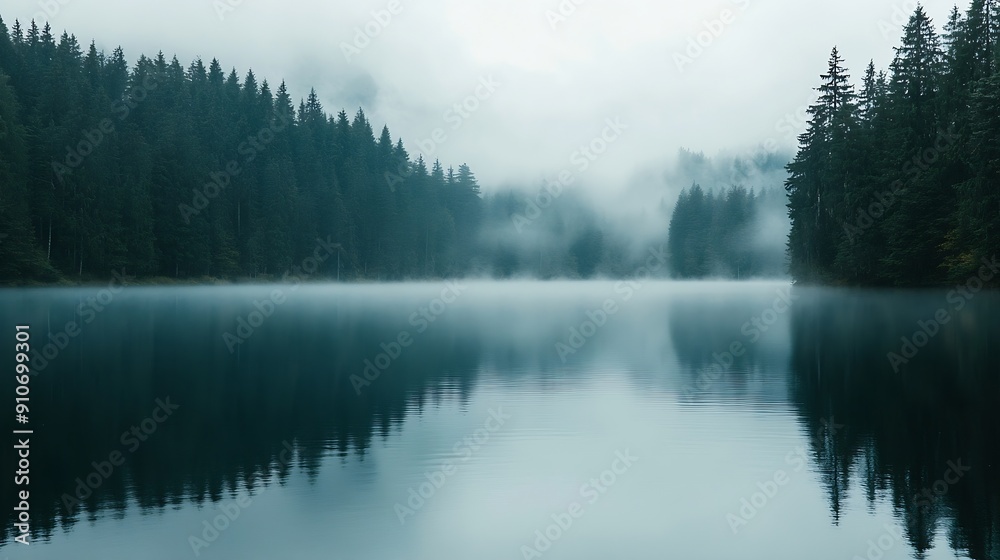 Fototapeta premium Picturesque scenery of the forest lake in a thick white fog Reflections on the water Dark atmospheric landscape Fall season Nature ecology environmental conservation eco tourism : Generative AI