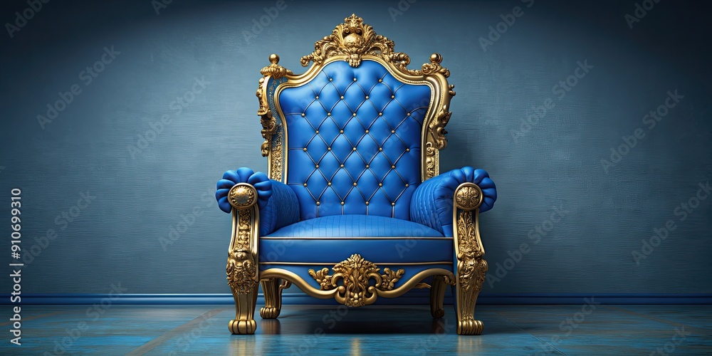 Fototapeta premium Blue throne with intricate golden design accents, royalty, luxury, regal, majestic, elegant, ornate, opulent, grand, golden